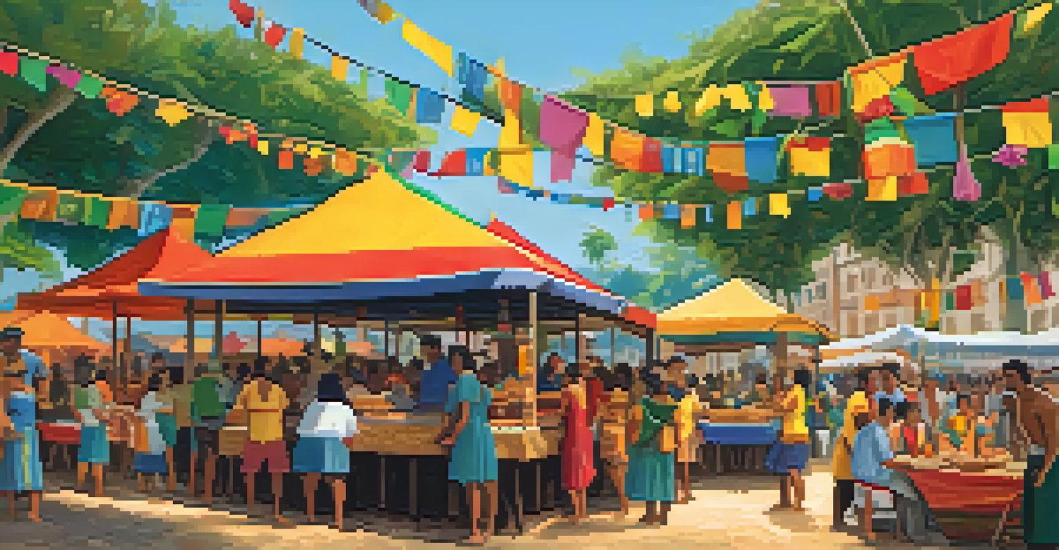 A bustling food stall at a Brazilian folk festival featuring traditional dishes, with people enjoying the vibrant atmosphere and rich aromas.