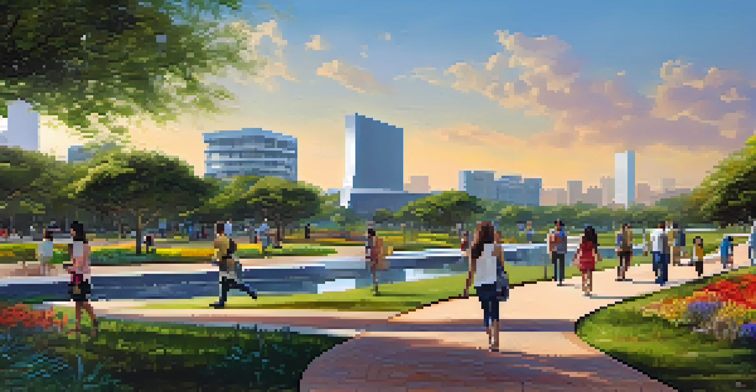 An urban park with native plants, walking paths, and people enjoying the outdoors.