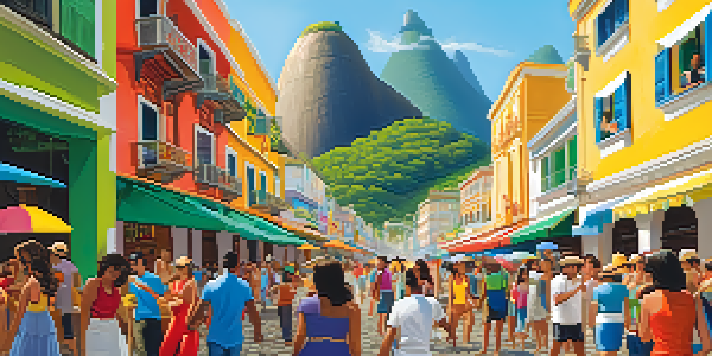 A lively street scene in Rio de Janeiro during a film festival, with colorful banners, diverse crowds, and Sugarloaf Mountain in the background.