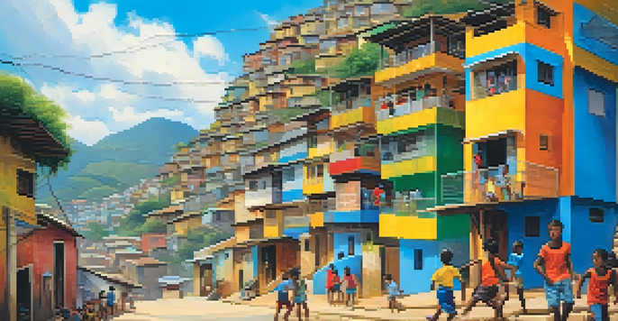 A lively street scene in a Brazilian favela with colorful houses and children playing soccer.