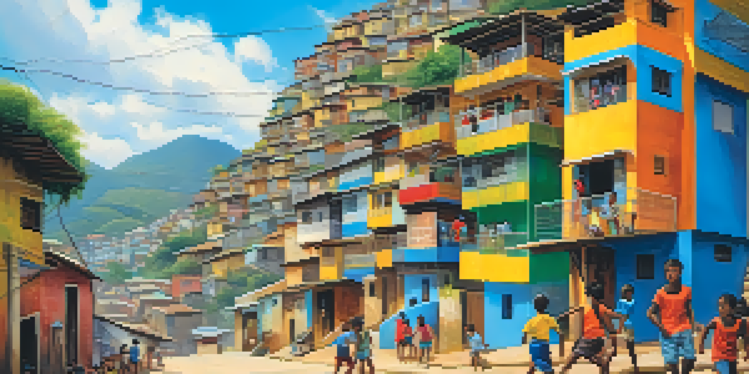 A lively street scene in a Brazilian favela with colorful houses and children playing soccer.