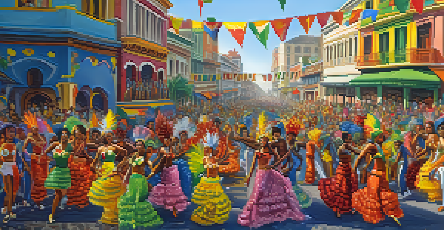 A colorful Carnaval parade with dancers in elaborate costumes and decorated floats, surrounded by enthusiastic spectators in a lively urban setting.