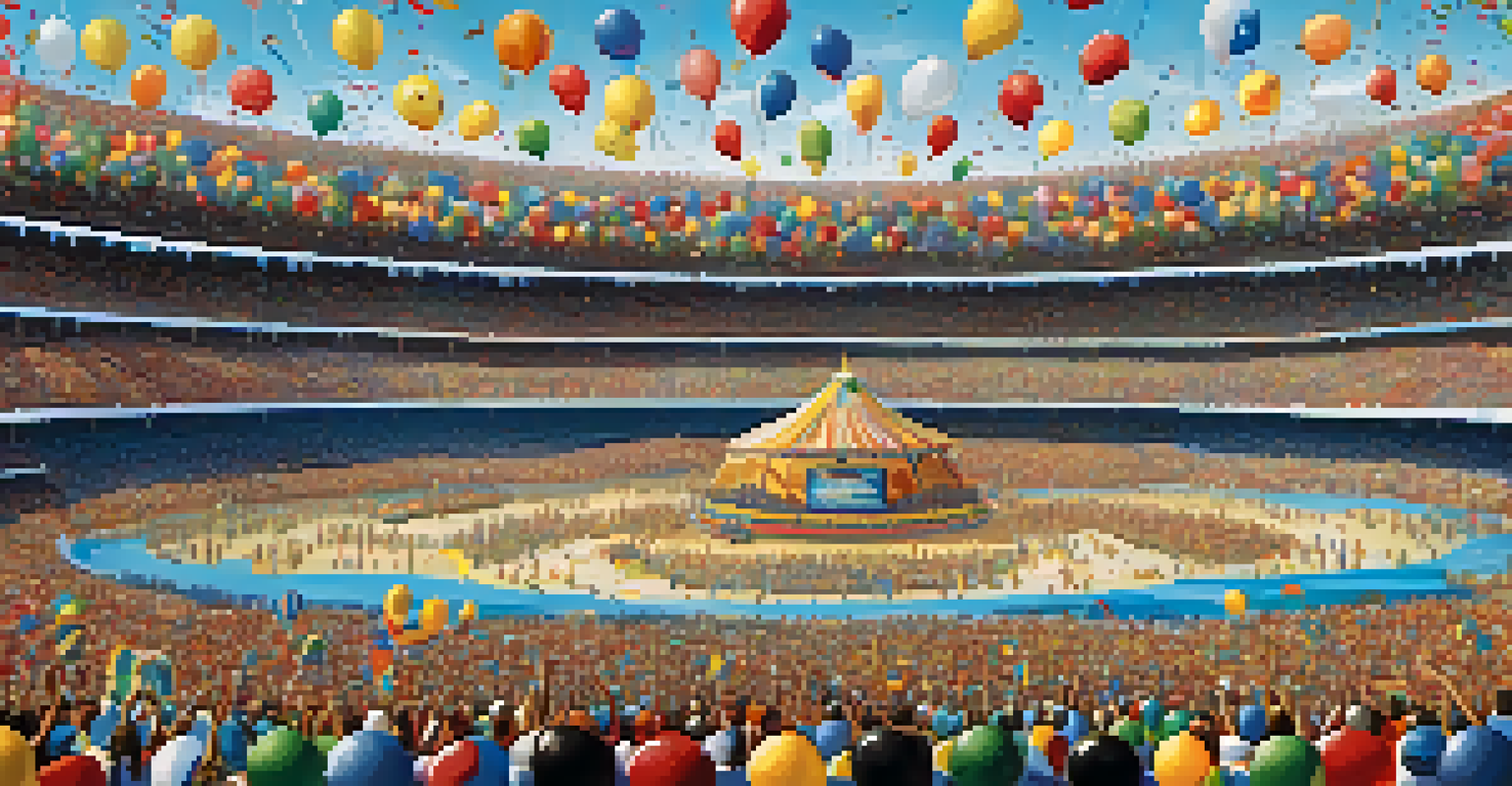 A panoramic view of the Sambadrome during Carnival, showcasing elaborate floats and a cheering crowd under a bright blue sky.