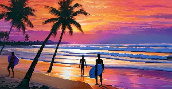 A sunset view over Jericoacoara beach with surfers riding the waves and palm trees along the sandy shore.