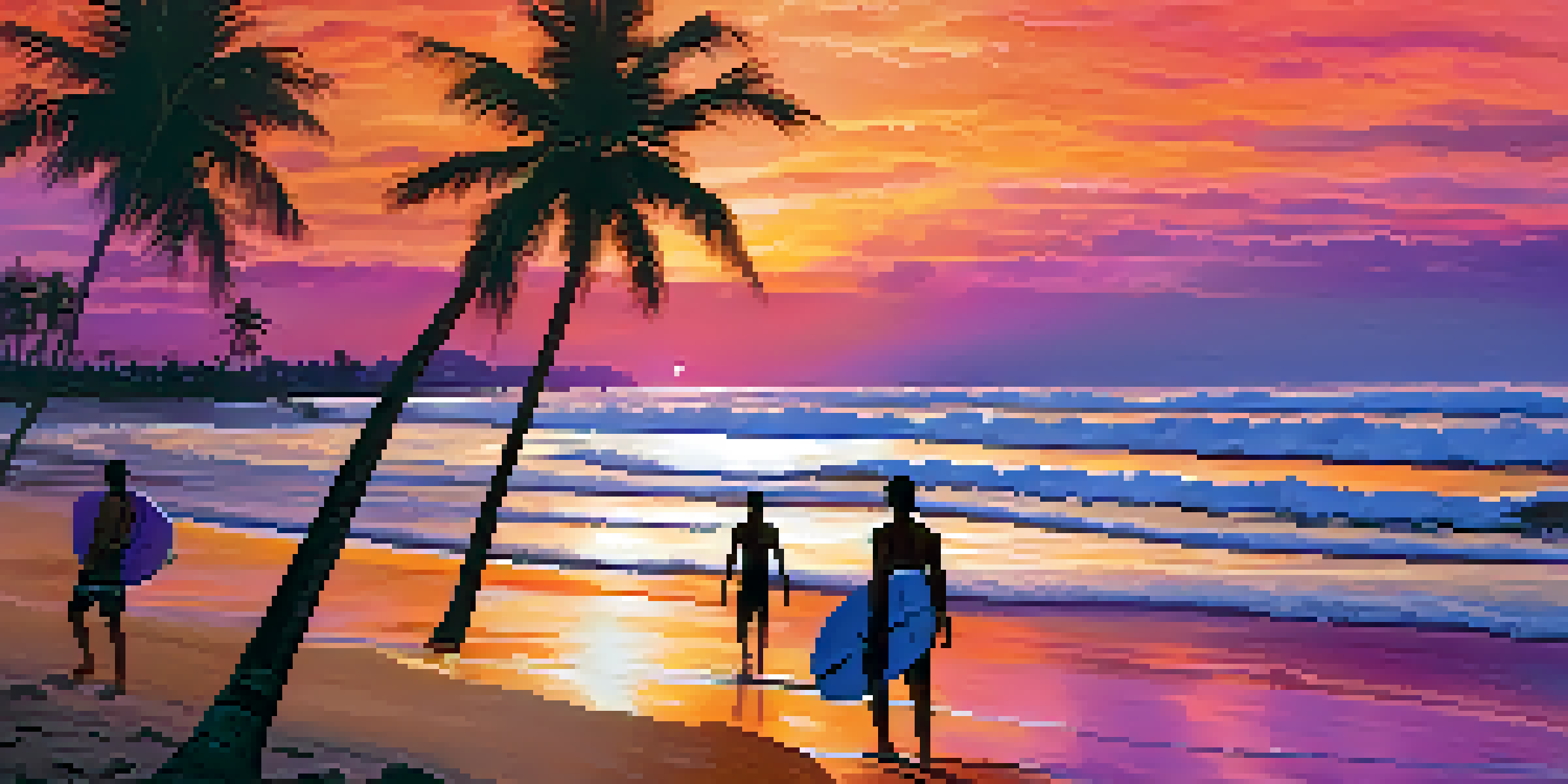 A sunset view over Jericoacoara beach with surfers riding the waves and palm trees along the sandy shore.