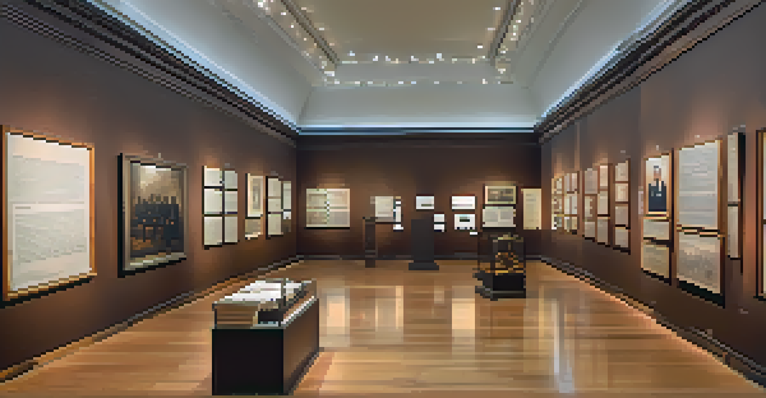 An exhibit in a museum showcasing artifacts related to Brazil's abolition of slavery, with warm lighting and educational displays.