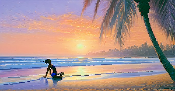 A solitary yogi practicing yoga on a tranquil beach at sunrise, surrounded by vibrant colors of the sky and palm trees.