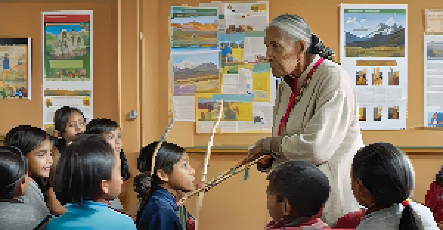 An Indigenous elder speaking to children in a classroom, with educational posters and a wooden staff, depicting engagement in learning.