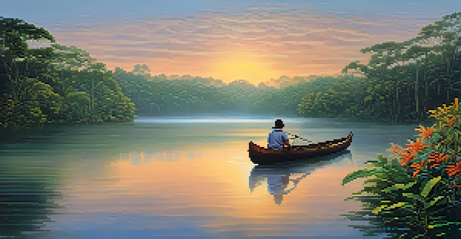 A peaceful sunrise in the Amazon rainforest, with mist, lush greenery, and a canoe on a reflective river.