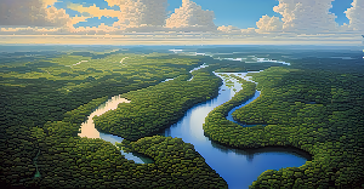 An aerial view of the Amazon rainforest, displaying a vast landscape of green trees and winding rivers under a cloudy sky.