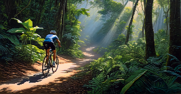 A cyclist riding on a trail in the Amazon rainforest, with vibrant green trees and sunlight filtering through the leaves.