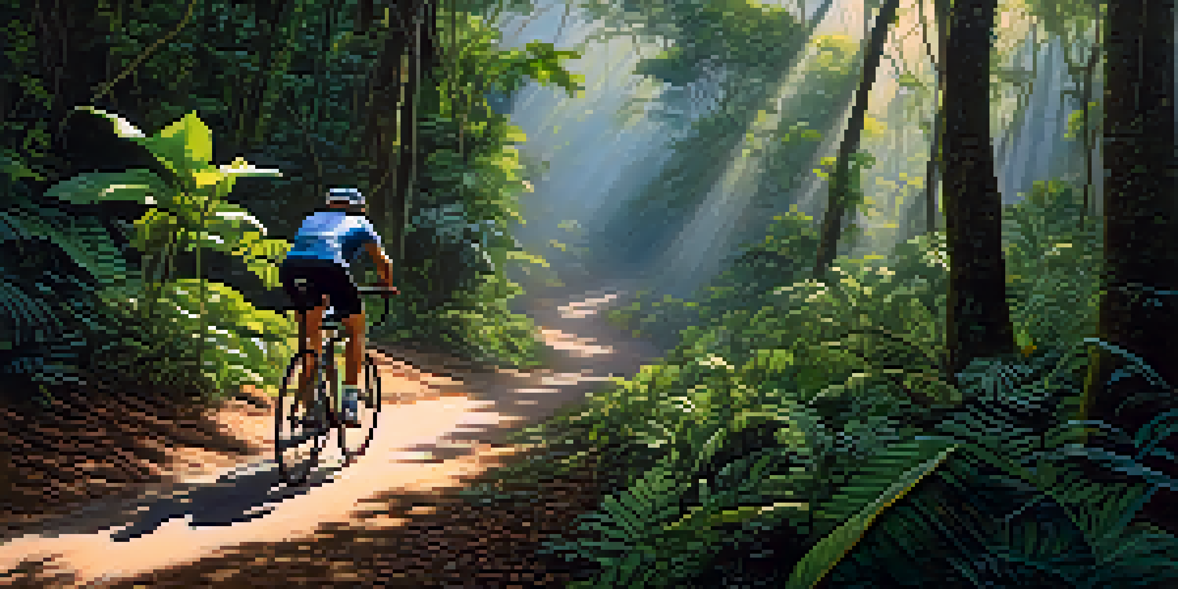 A cyclist riding on a trail in the Amazon rainforest, with vibrant green trees and sunlight filtering through the leaves.