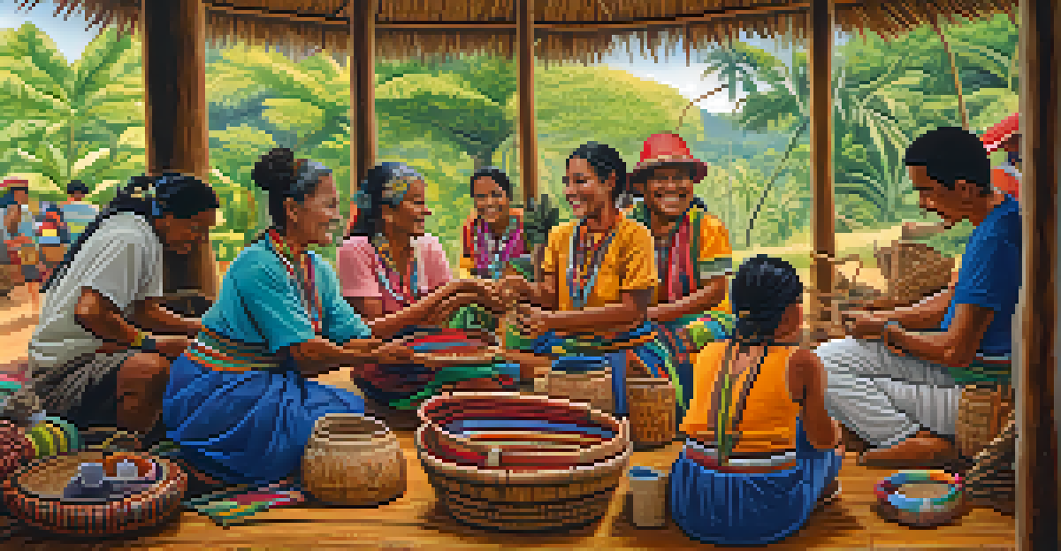 A local indigenous community in Brazil showcasing artisans crafting traditional handicrafts.