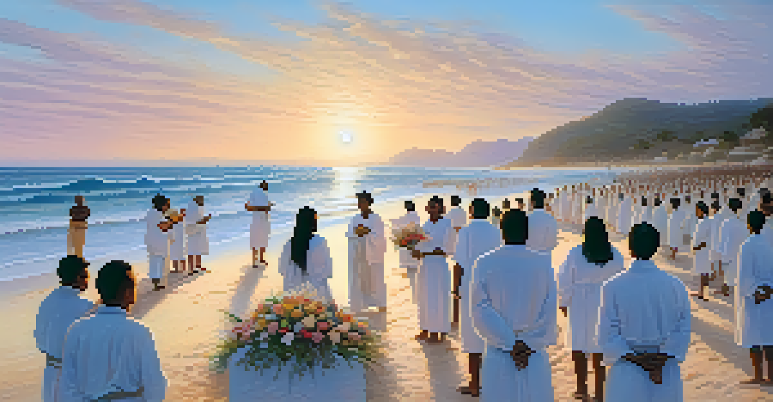 Participants dressed in white offering flowers to the sea during the Festival of Iemanjá on a beach at sunset, with serene ocean waves and a pastel-colored sky.