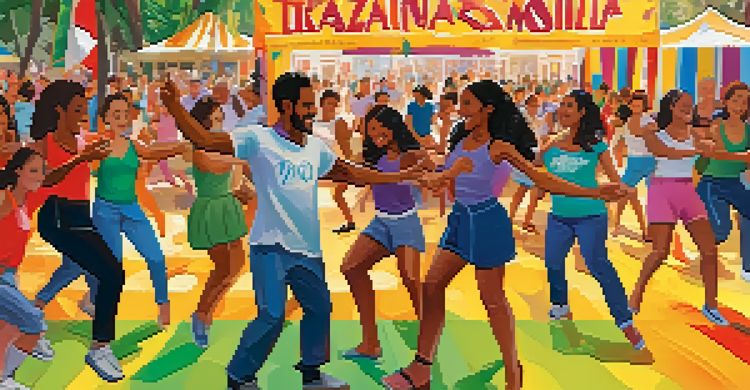 A dance workshop at a Brazilian music festival with people of all ages learning samba, surrounded by colorful decorations.