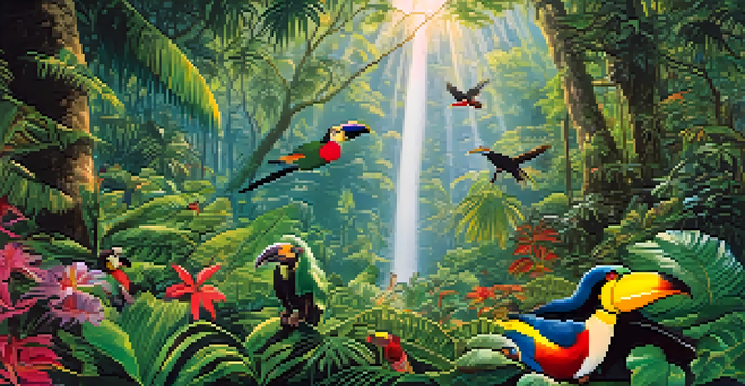 A vibrant Amazon Rainforest filled with green foliage, trees, colorful flowers, and wildlife like a monkey and a toucan, illuminated by sunlight.