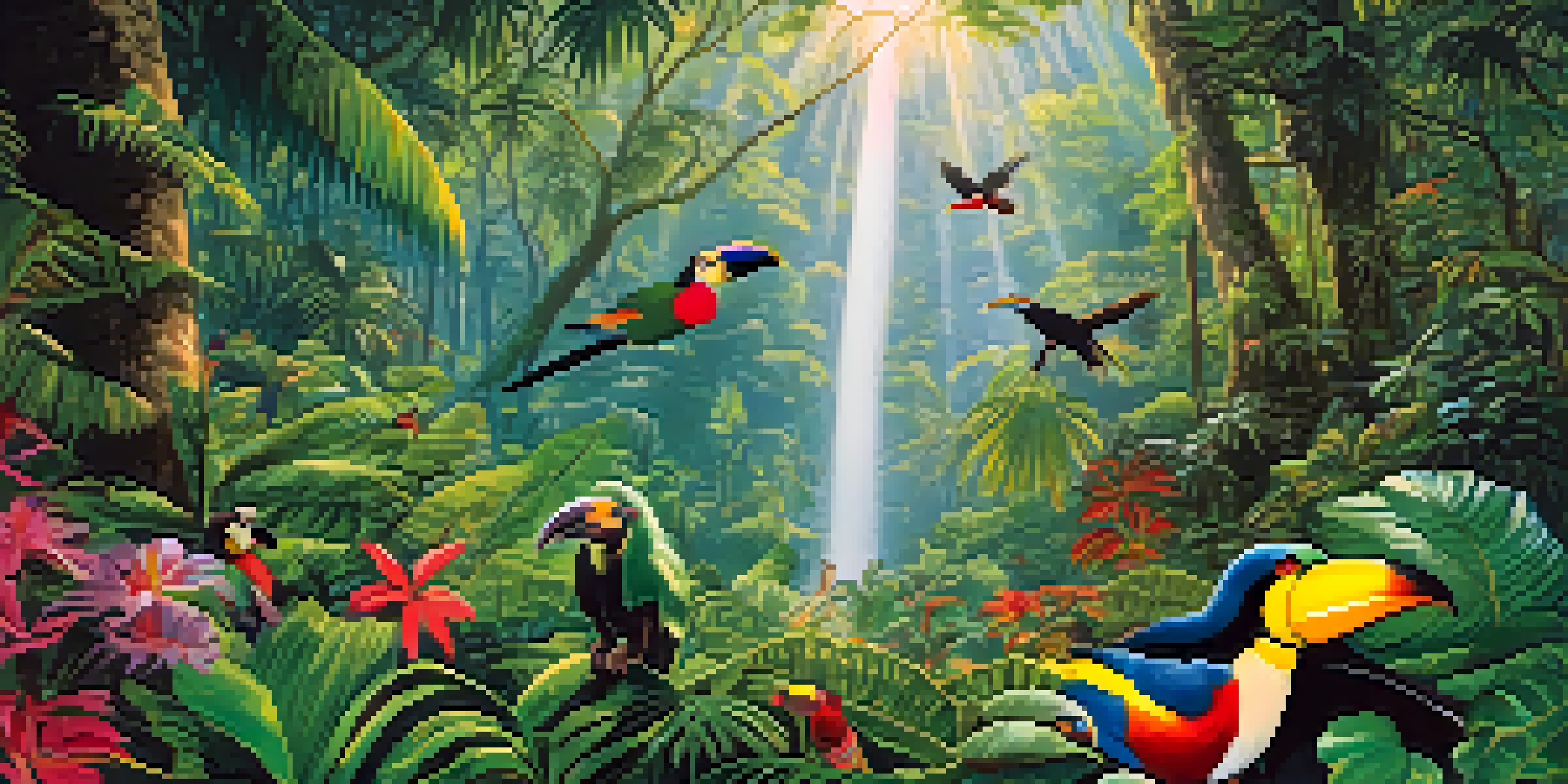 A vibrant Amazon Rainforest filled with green foliage, trees, colorful flowers, and wildlife like a monkey and a toucan, illuminated by sunlight.