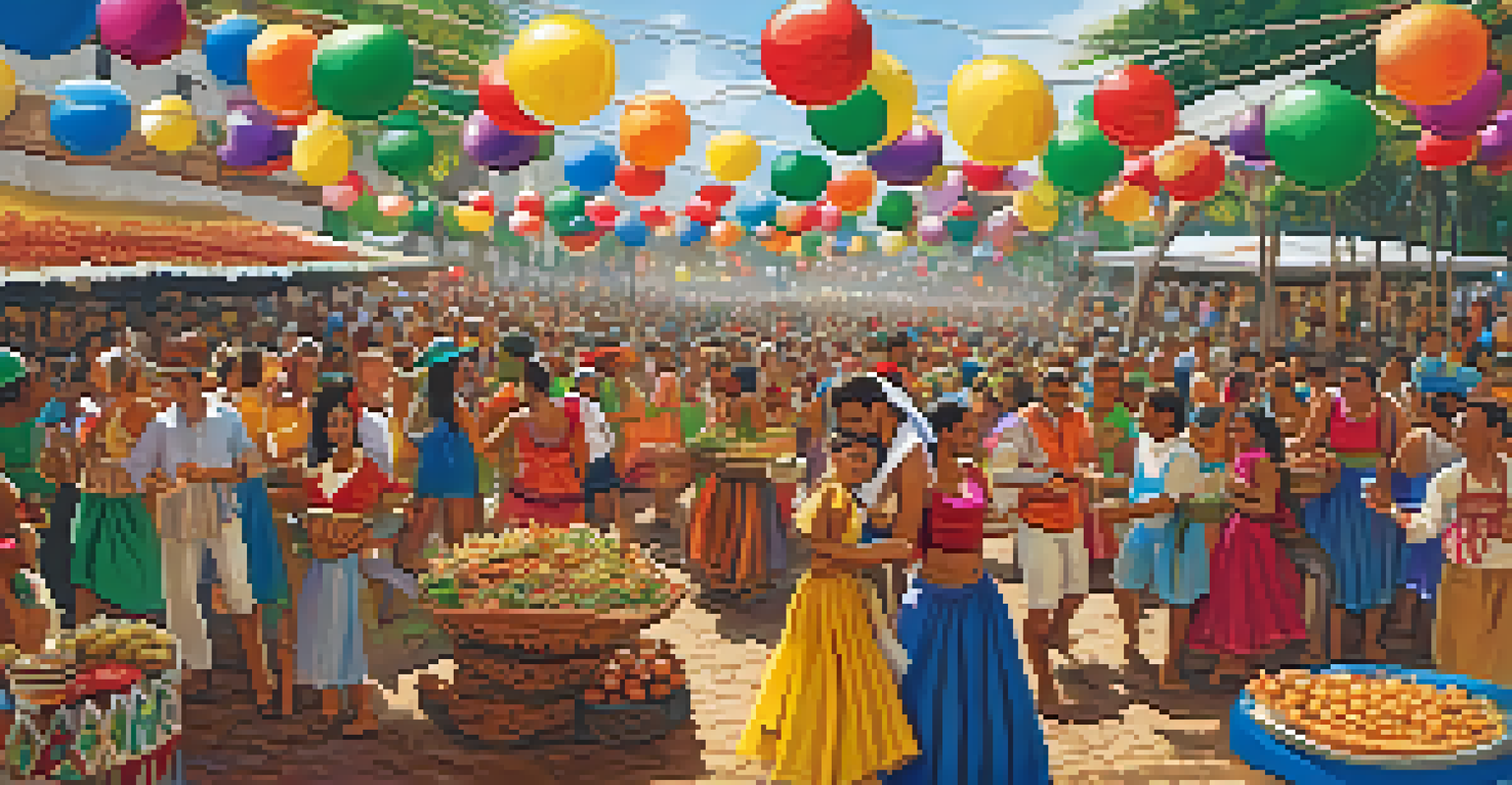 A lively Brazilian festival scene with people celebrating and enjoying traditional foods like acarajé and canjica.