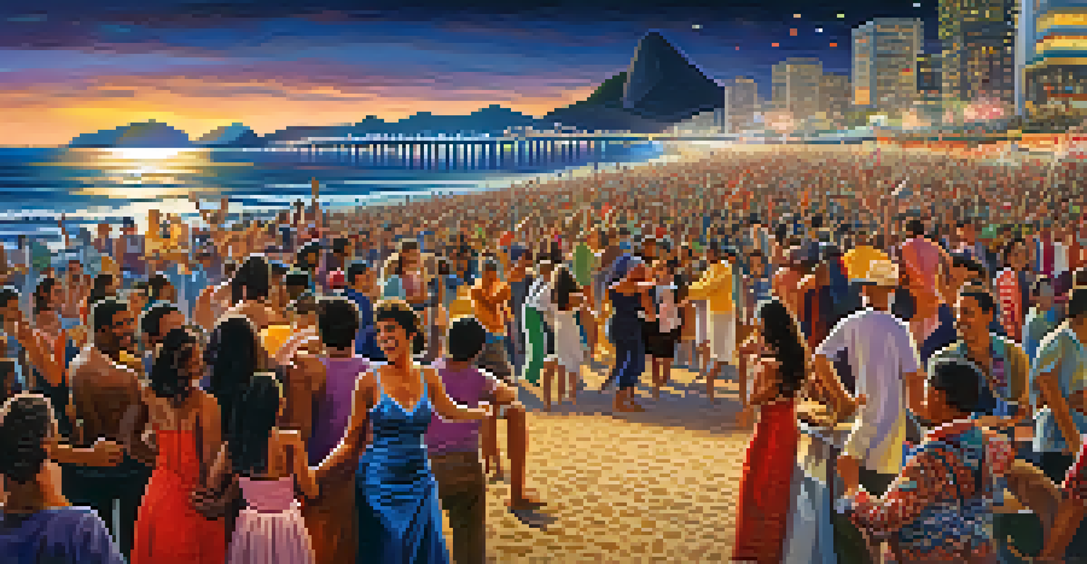 A diverse group of people dancing joyfully on the beach, celebrating New Year's Eve with music and vibrant colors.