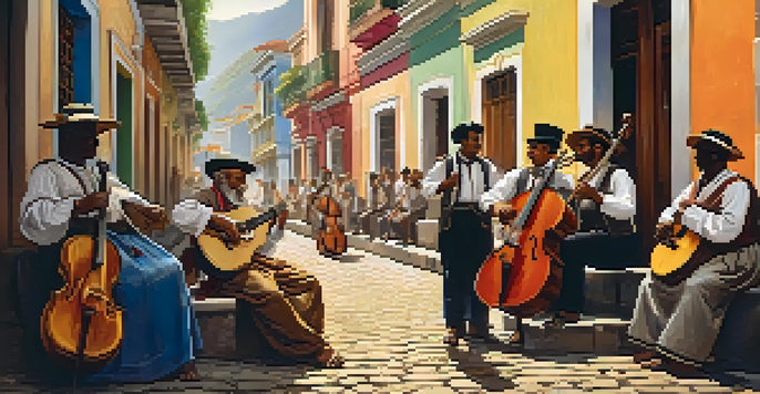 A vibrant street performance in Rio de Janeiro featuring musicians playing Choro music with traditional instruments.