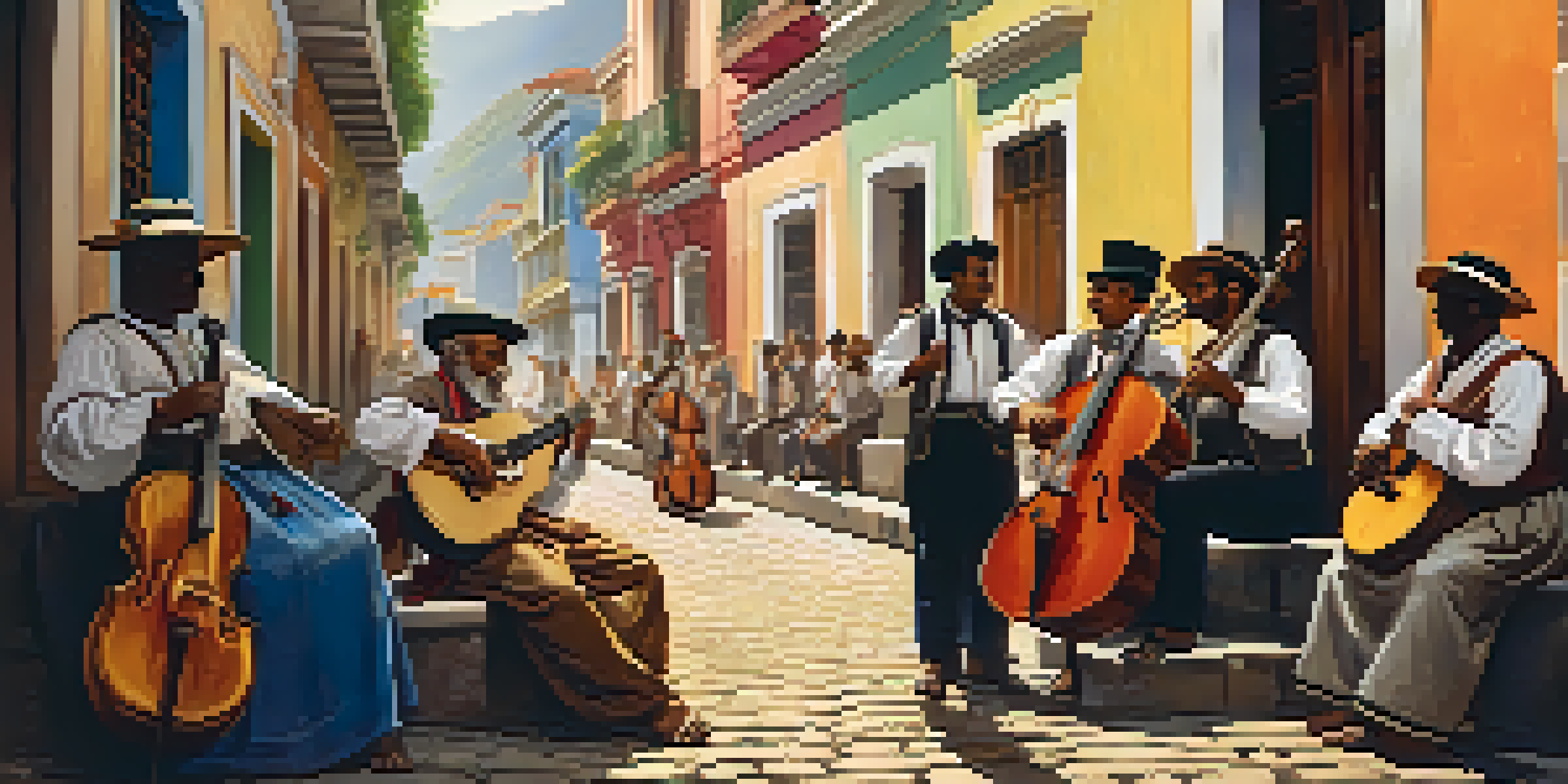 A vibrant street performance in Rio de Janeiro featuring musicians playing Choro music with traditional instruments.