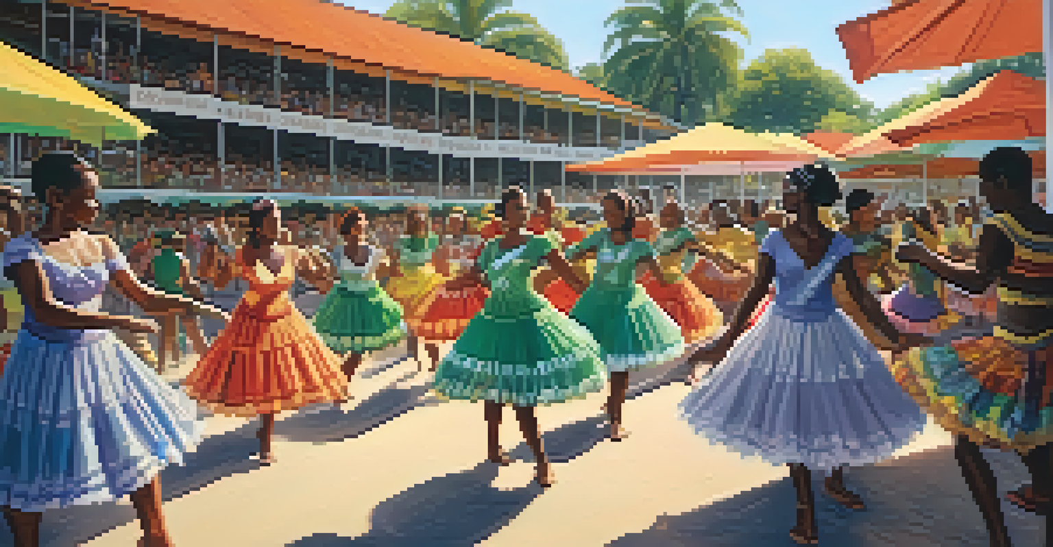 A diverse group of samba dancers rehearsing outdoors, surrounded by colorful costumes and instruments.