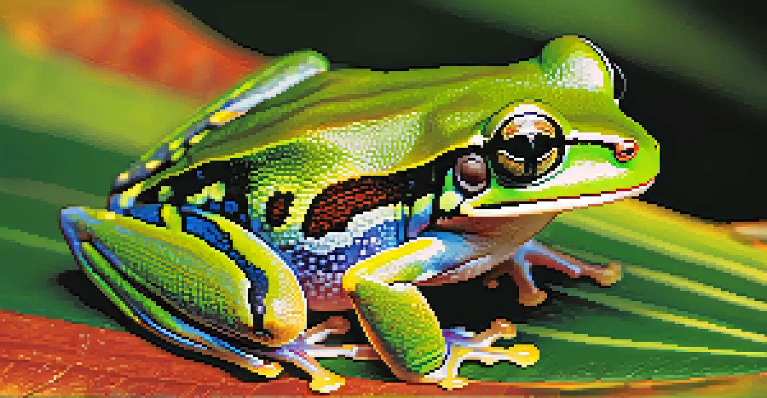 A close-up of a colorful Atlantic Forest tree frog on a leaf, with blurred foliage in the background emphasizing its vibrant colors.