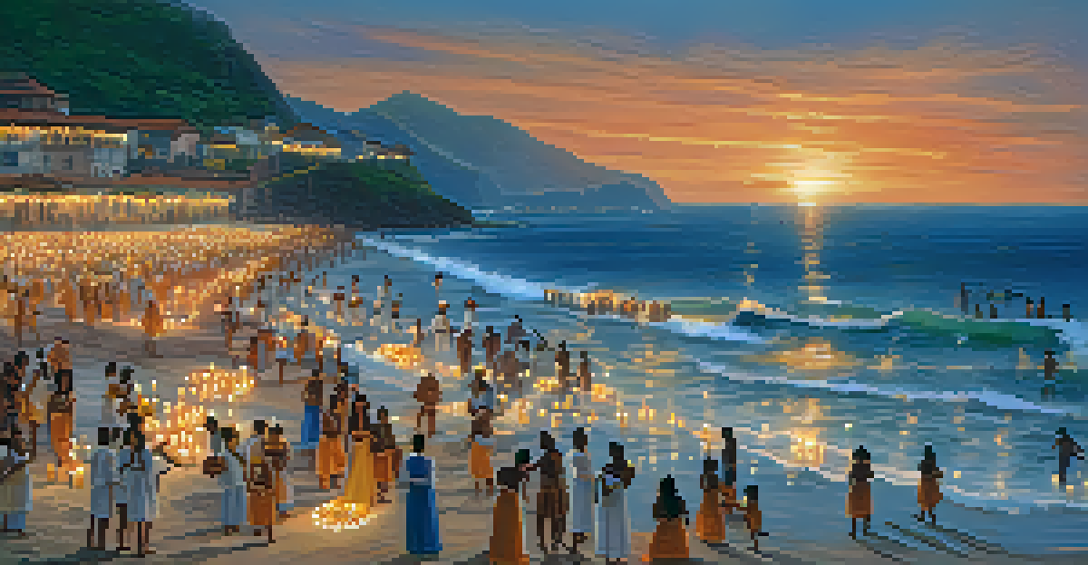 Devotees in white clothing offering flowers to the sea during the Festa de Iemanjá, with candles and a colorful sunset sky creating a magical atmosphere.