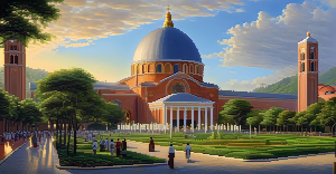 A sunset view of the National Sanctuary of Our Lady Aparecida, with pilgrims carrying candles approaching the basilica, surrounded by green trees.