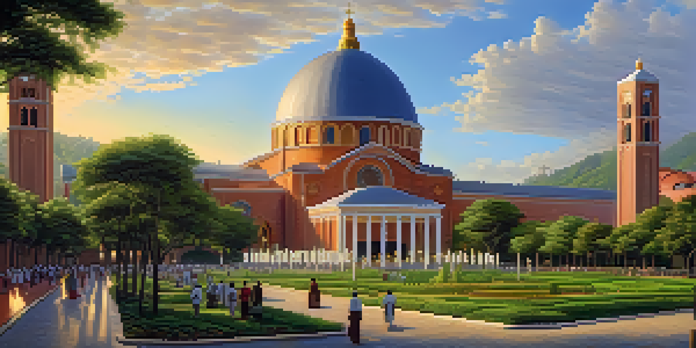 A sunset view of the National Sanctuary of Our Lady Aparecida, with pilgrims carrying candles approaching the basilica, surrounded by green trees.