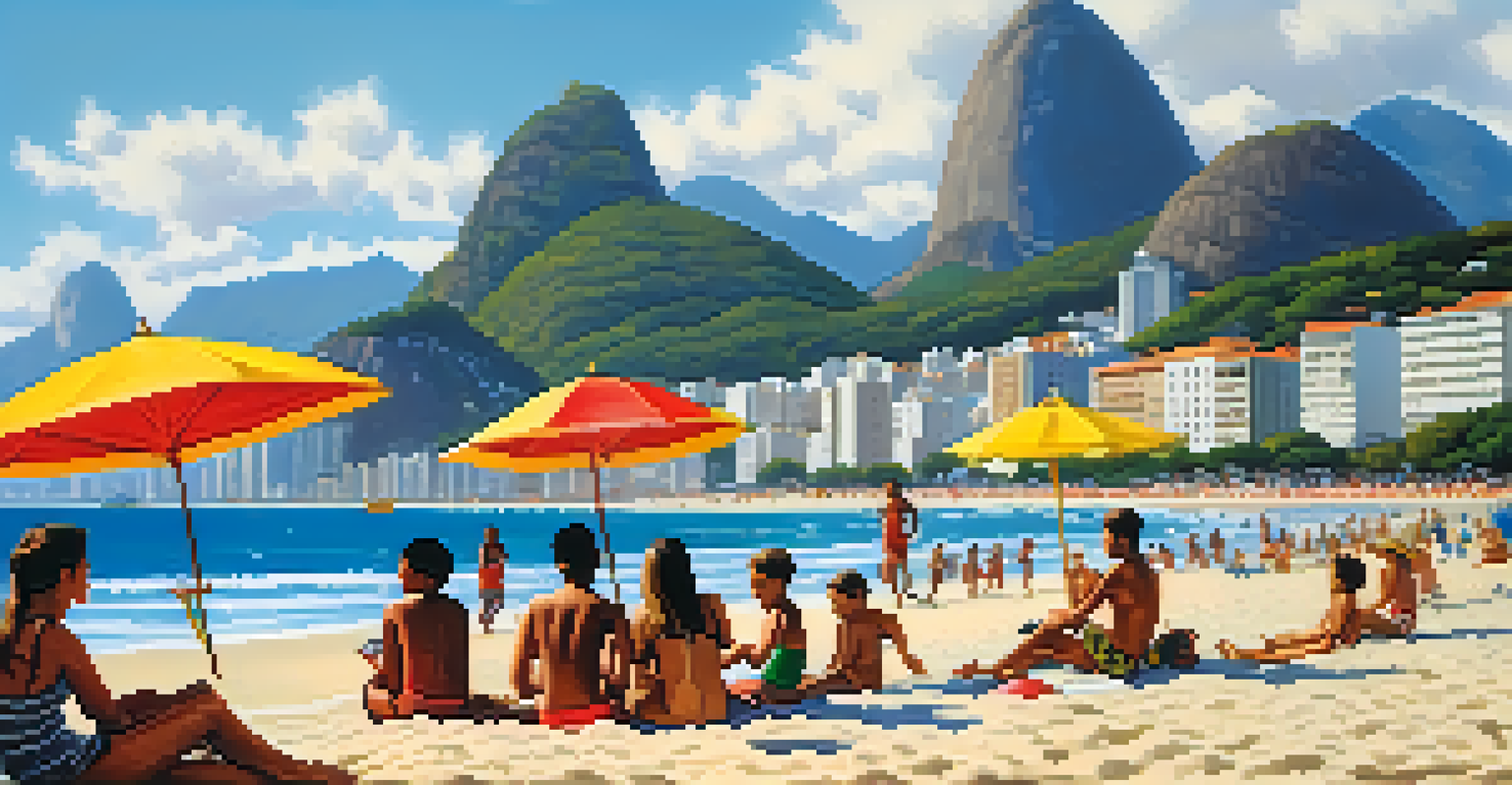 A vibrant day at Ipanema beach with people relaxing, playing, and local artists displaying their art.