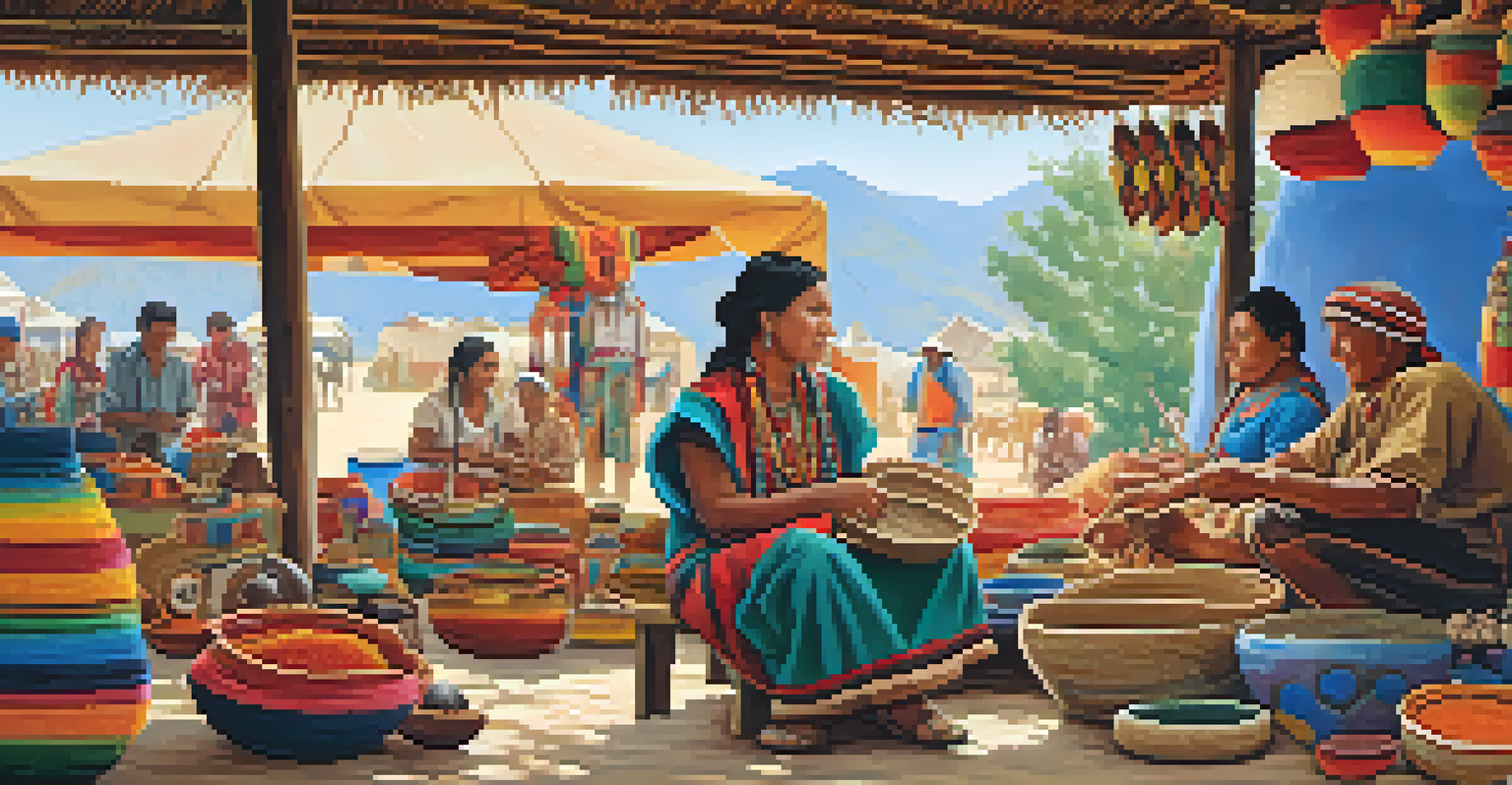 A lively outdoor market featuring Indigenous handicrafts with artisans interacting with visitors amidst colorful decorations.