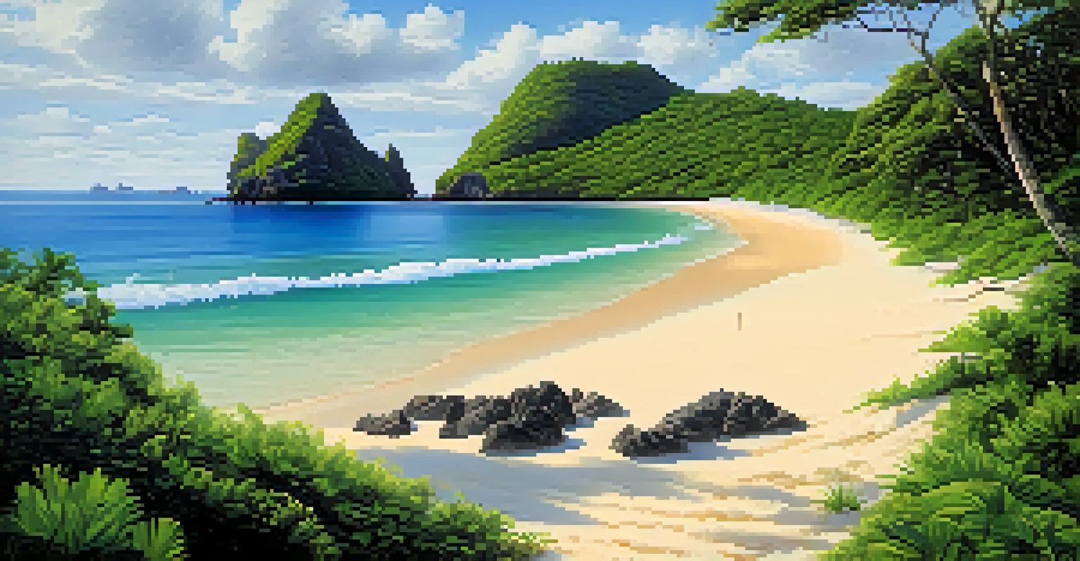 A beautiful beach scene in Fernando de Noronha, Brazil, with clear lagoon waters and snorkelers exploring marine life.