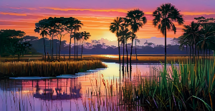 A picturesque view of Brazil's Pantanal wetlands during sunset, featuring palm trees, colorful plants, and birds flying in the sky.