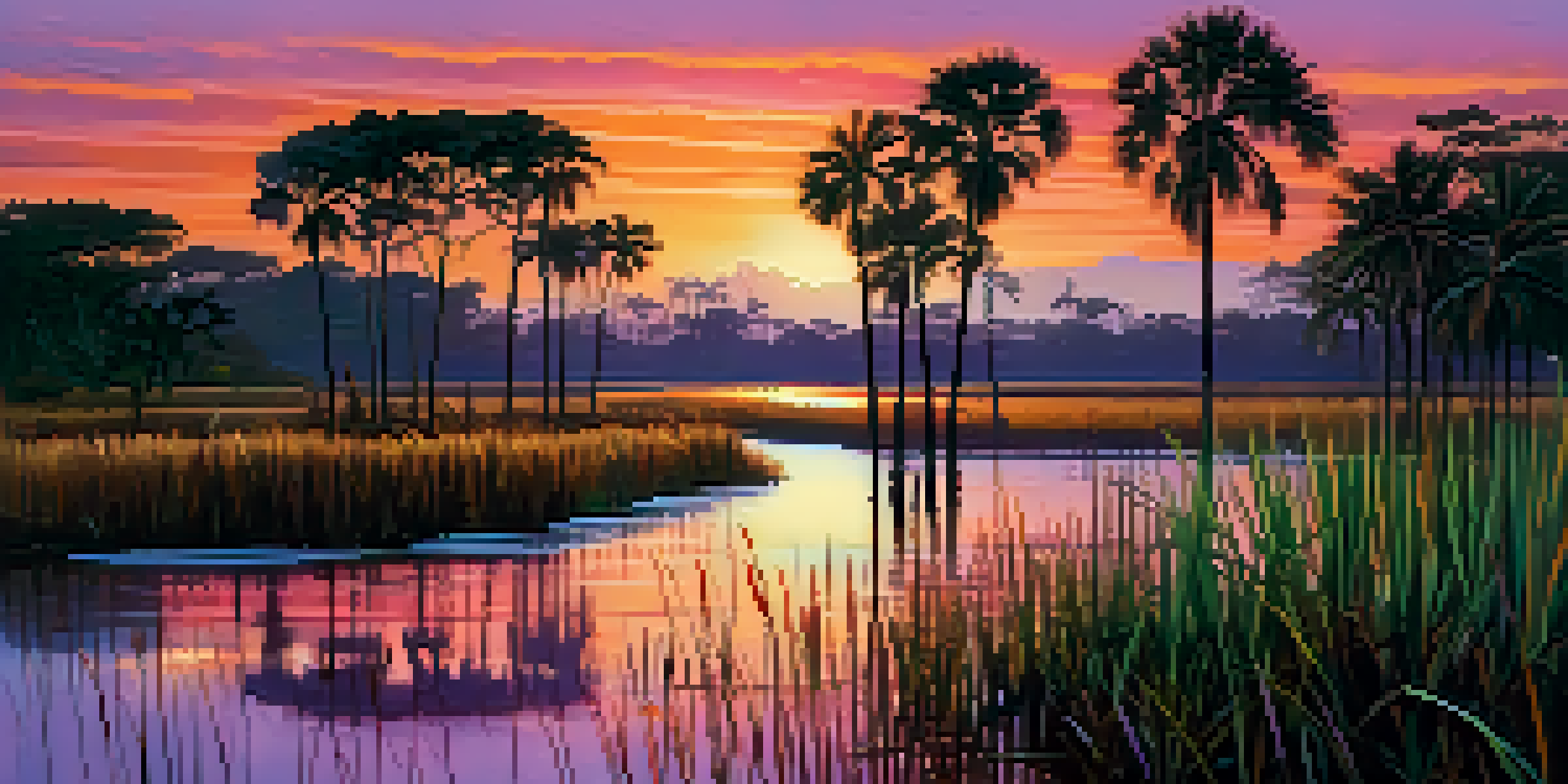 A picturesque view of Brazil's Pantanal wetlands during sunset, featuring palm trees, colorful plants, and birds flying in the sky.