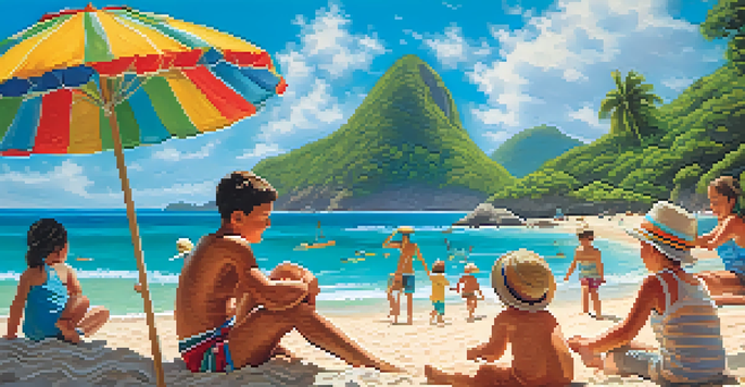 A cheerful family spending time at a beach in Brazil, with children playing in the sand and parents relaxing under umbrellas.