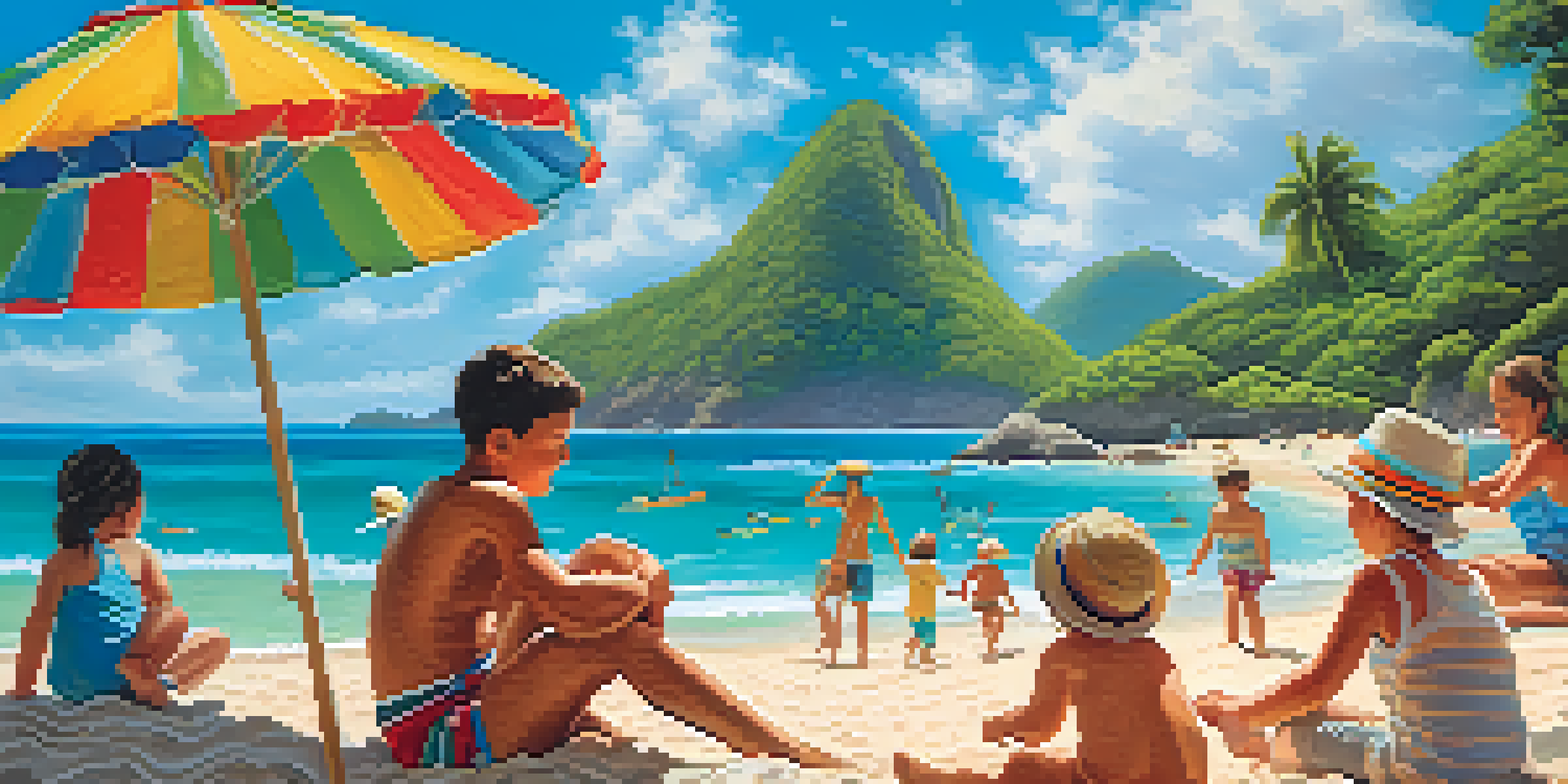 A cheerful family spending time at a beach in Brazil, with children playing in the sand and parents relaxing under umbrellas.