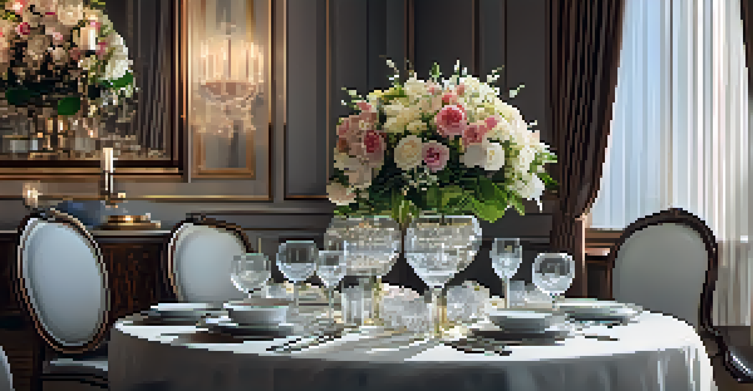 An elegantly set dining table with fine china and crystal glassware, featuring a fresh flower centerpiece, illuminated by warm ambient lighting.