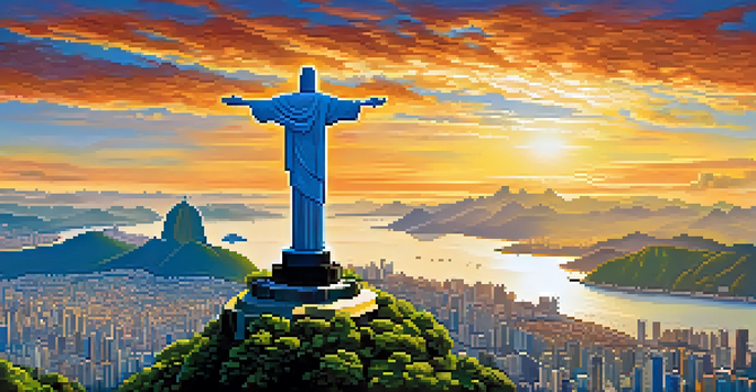 A panoramic view showing the Christ the Redeemer statue with Rio de Janeiro city in the background under a clear sky.