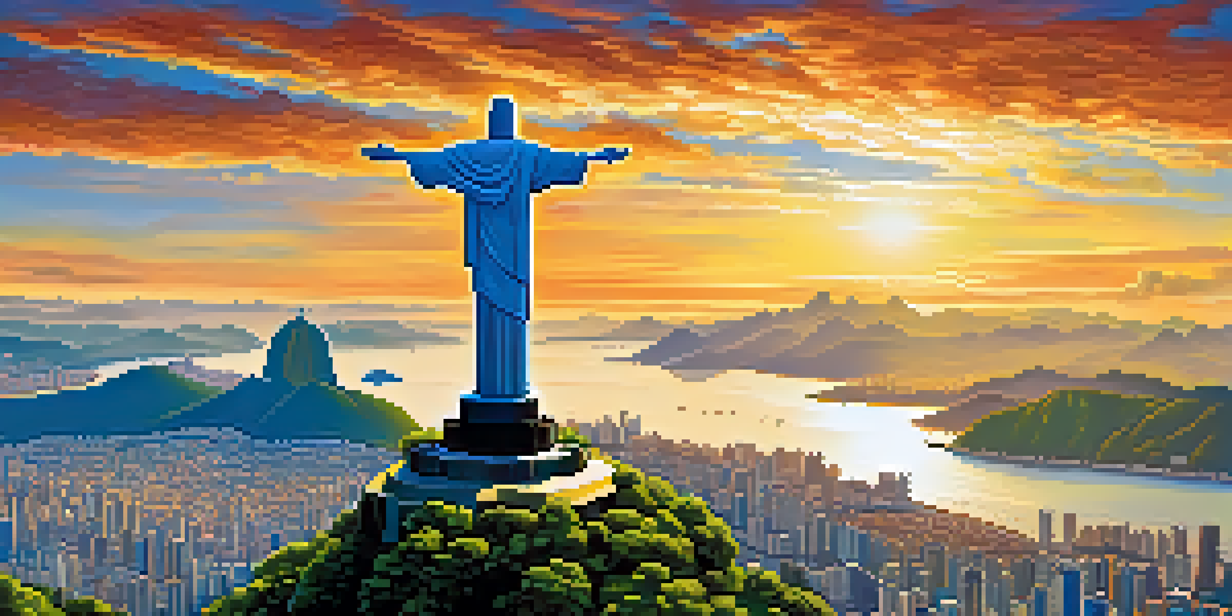 A panoramic view showing the Christ the Redeemer statue with Rio de Janeiro city in the background under a clear sky.