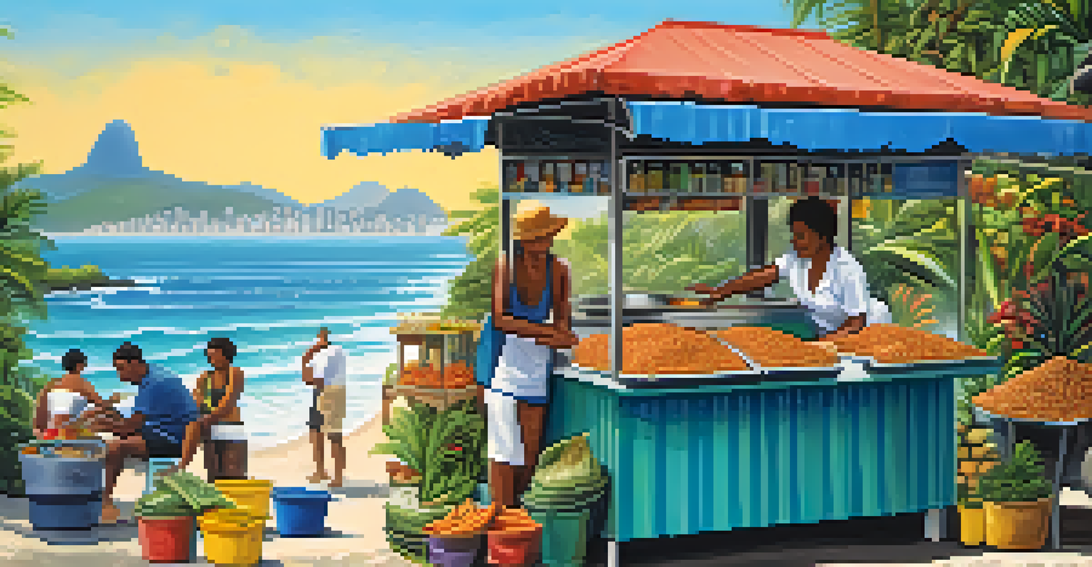 A beachside kiosk in Rio de Janeiro with a vendor preparing acarajé, set against a backdrop of tropical plants and the ocean.