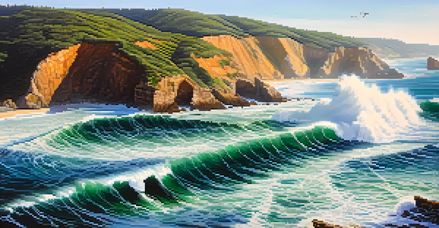Aerial view of Praia do Norte with surfers in powerful waves and scenic cliffs.