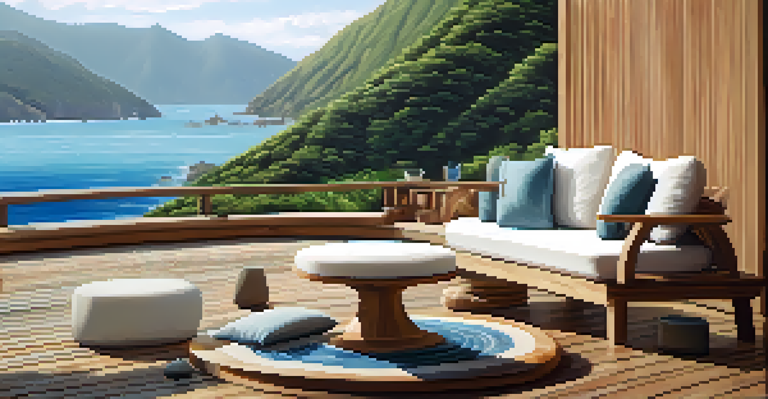 A cozy meditation area surrounded by mountains and the ocean, with cushions on a wooden deck.