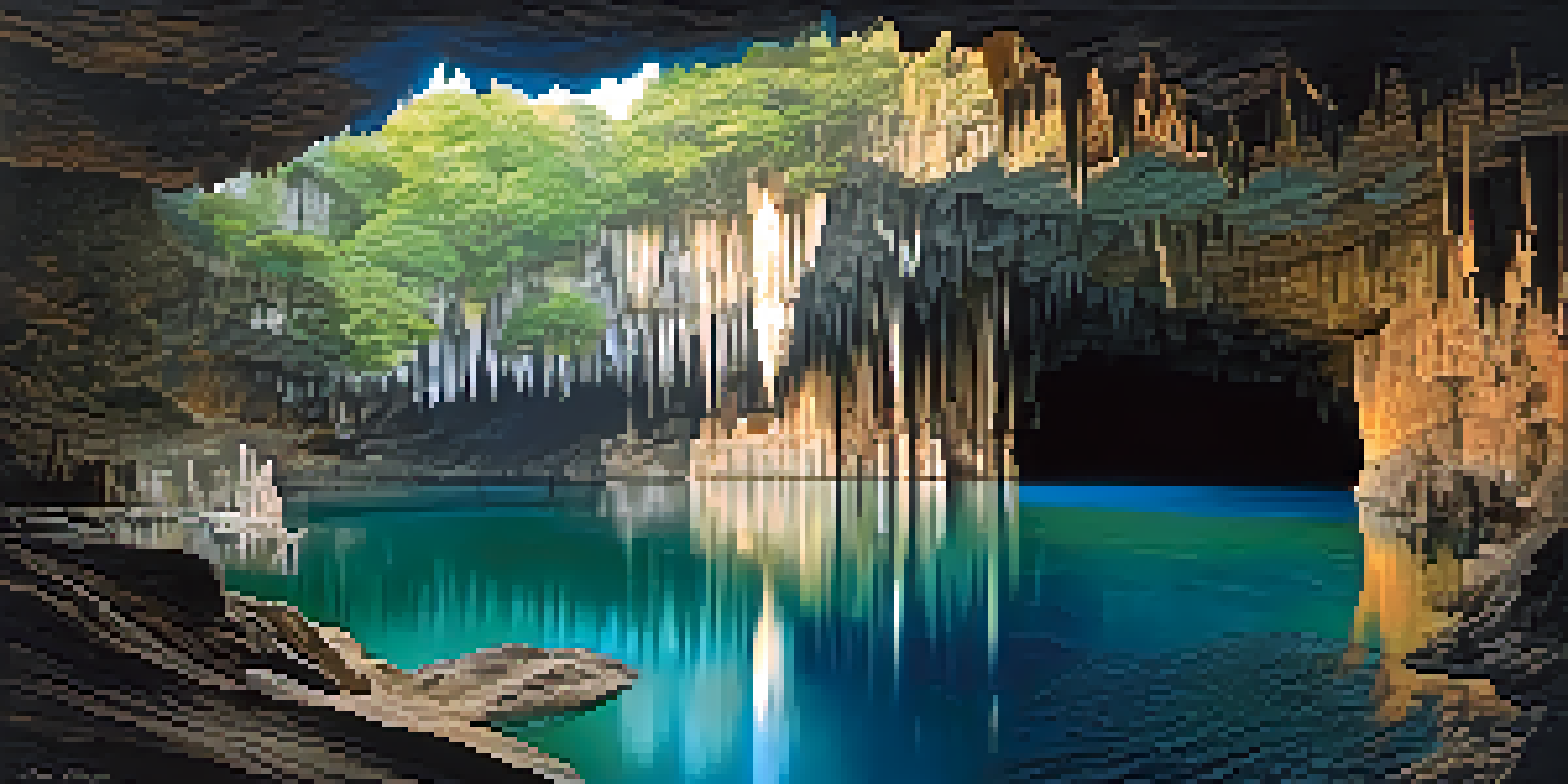 A view inside Blue Lake Cave in Brazil, highlighting blue waters and limestone formations under soft sunlight.