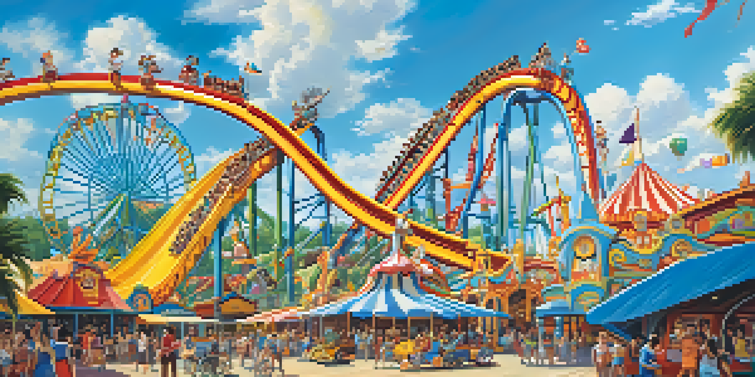 Families at Beto Carrero World theme park with colorful roller coasters and children on rides.
