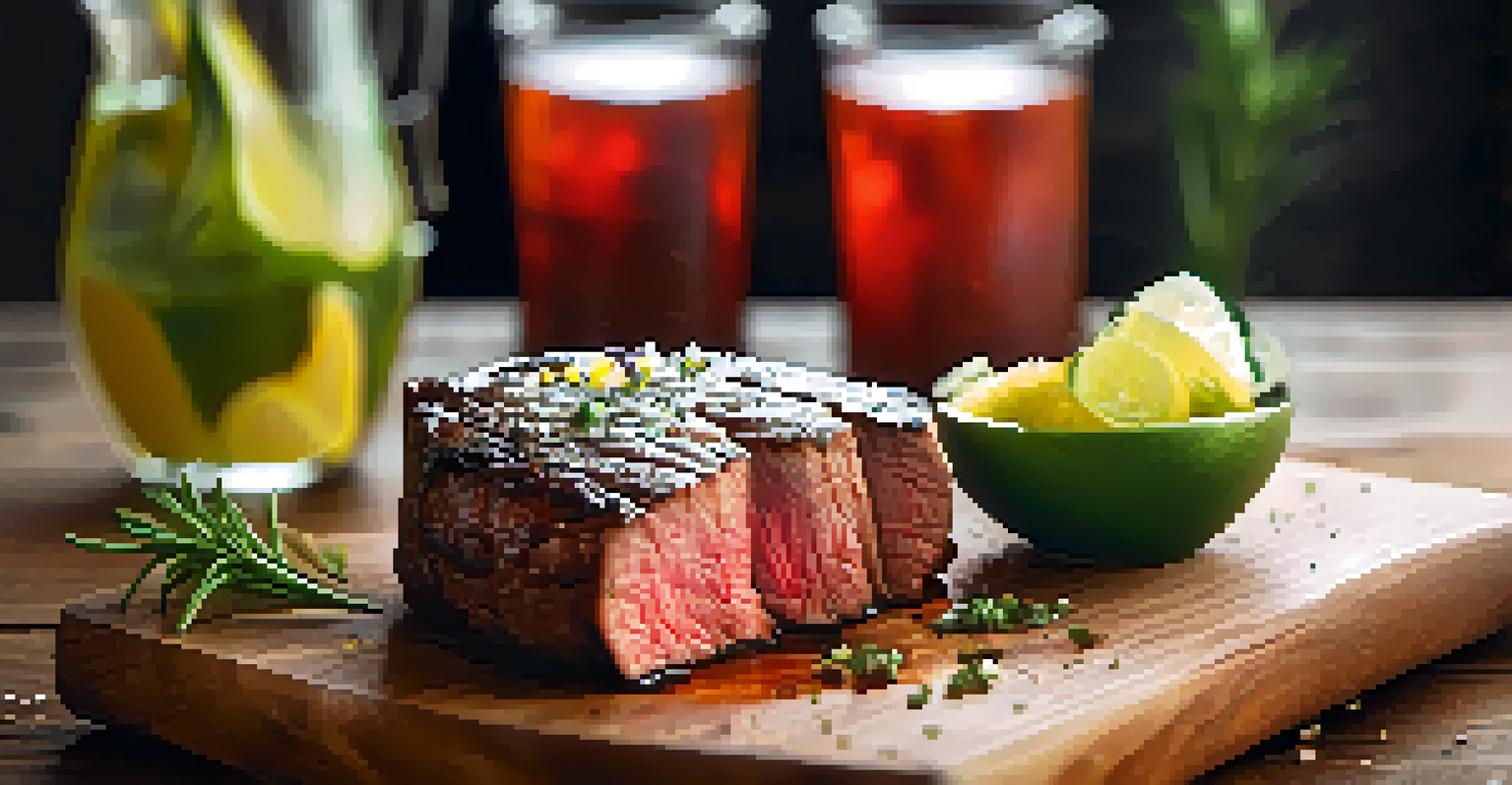 A close-up of a grilled picanha steak on a wooden board, with coarse salt and herbs, surrounded by colorful Brazilian side dishes and a pitcher of caipirinha cocktail in the background.