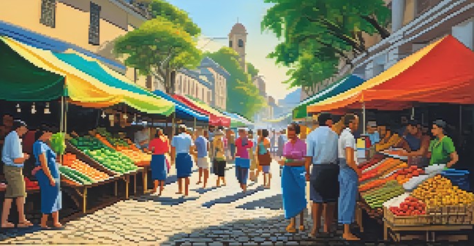 A bustling Brazilian market filled with colorful stalls of fruits and crafts, with sunlight filtering through canopies and people enjoying the vibrant atmosphere.