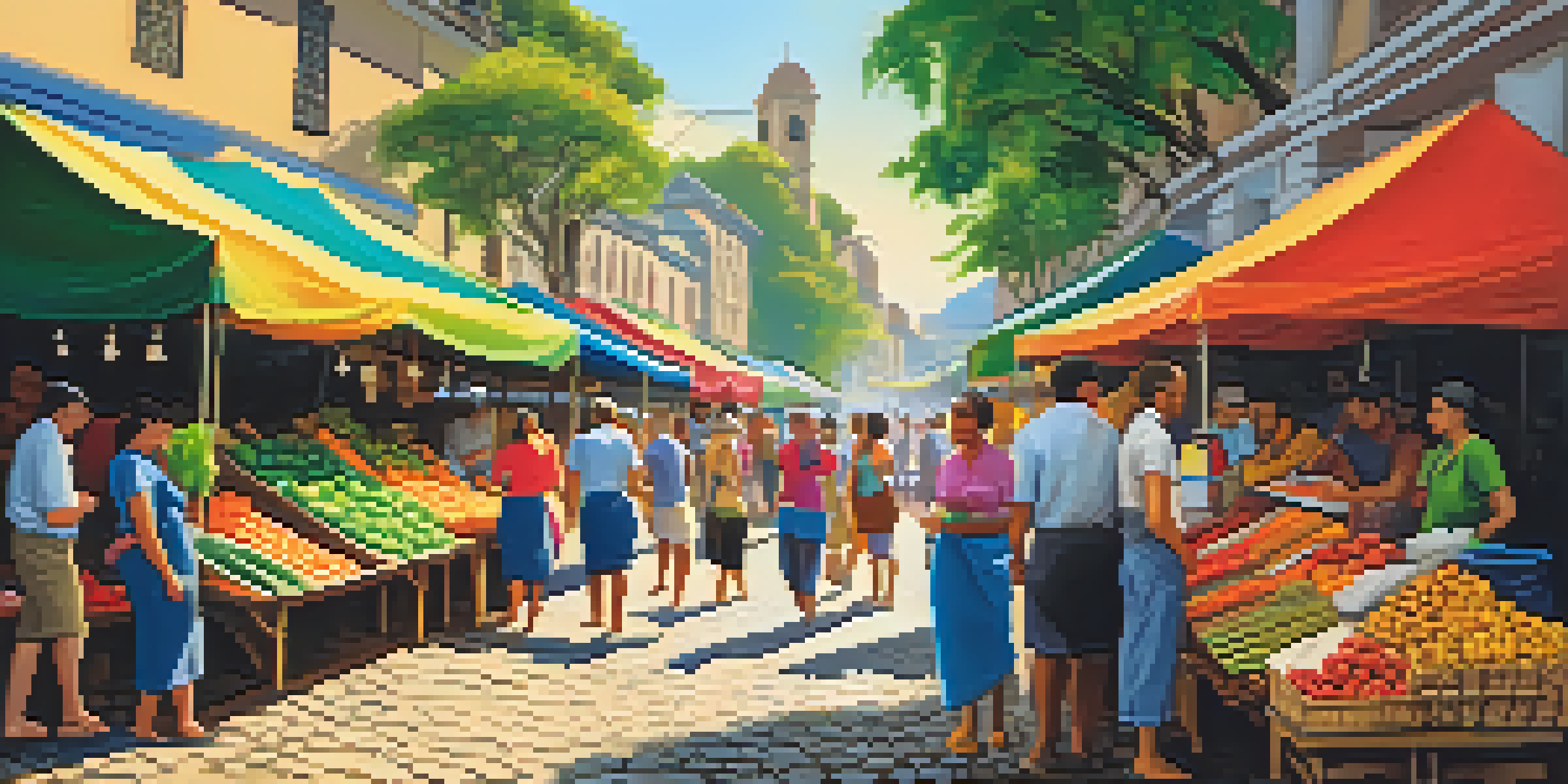 A bustling Brazilian market filled with colorful stalls of fruits and crafts, with sunlight filtering through canopies and people enjoying the vibrant atmosphere.