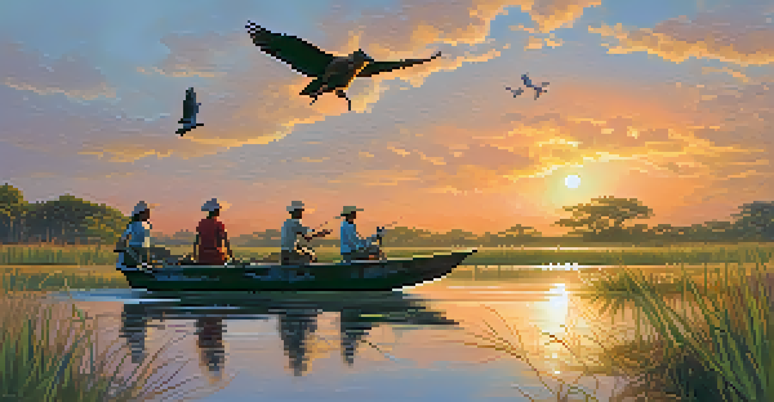 A family on a wildlife tour in the Pantanal, observing a capybara near the water and birds flying in the sunset sky.