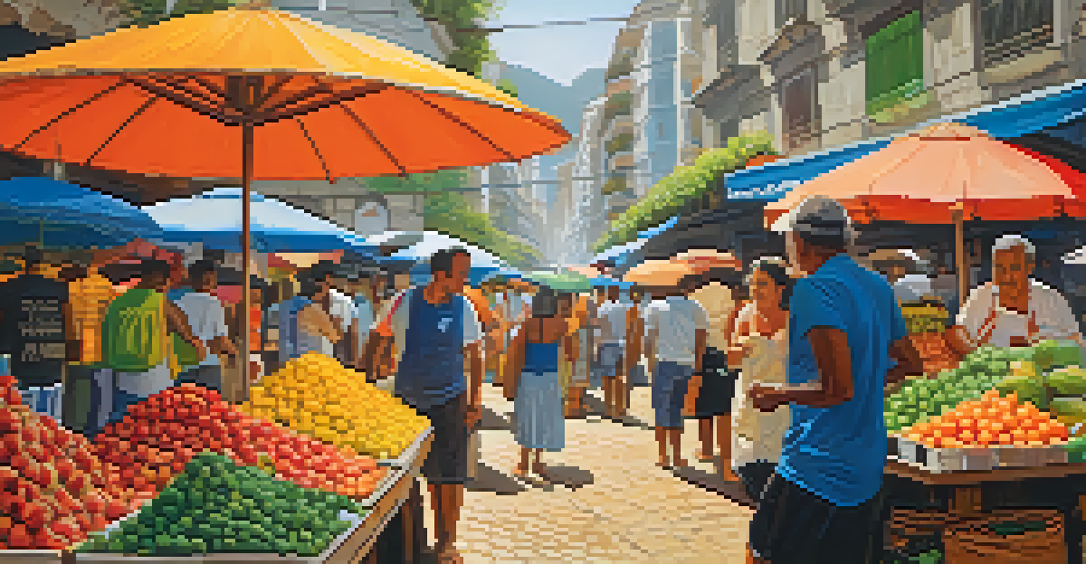 A bustling market in Rio de Janeiro with colorful stalls and people interacting.